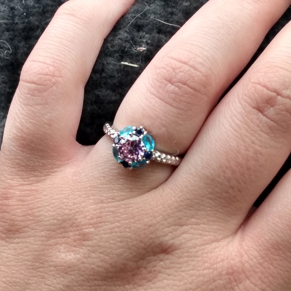 Pink & Blue Sapphires Floral Sterling Silver Ring - Picture 9 of 9